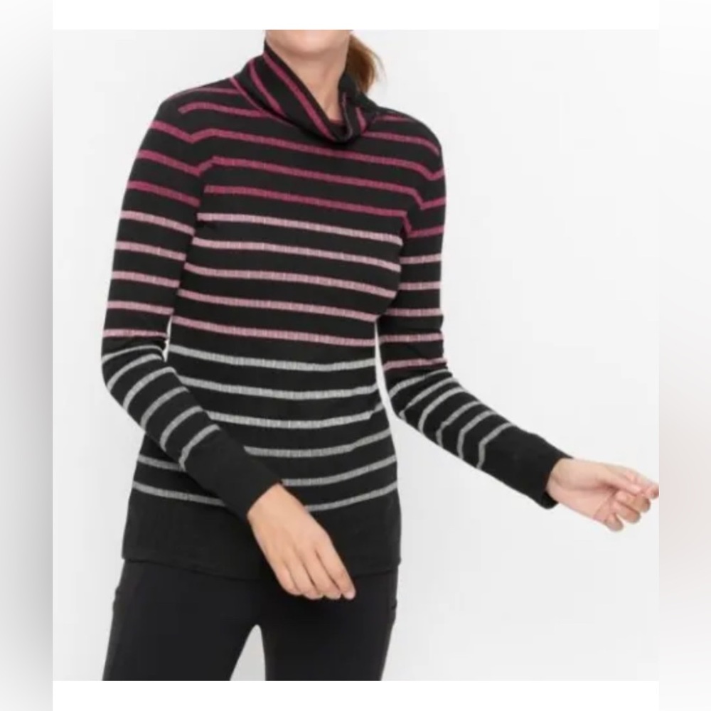 Talbots Black OMBRE STRIPED BUTTON DETAIL MOCKNECK TOP Blouse, Size Large, NWT
